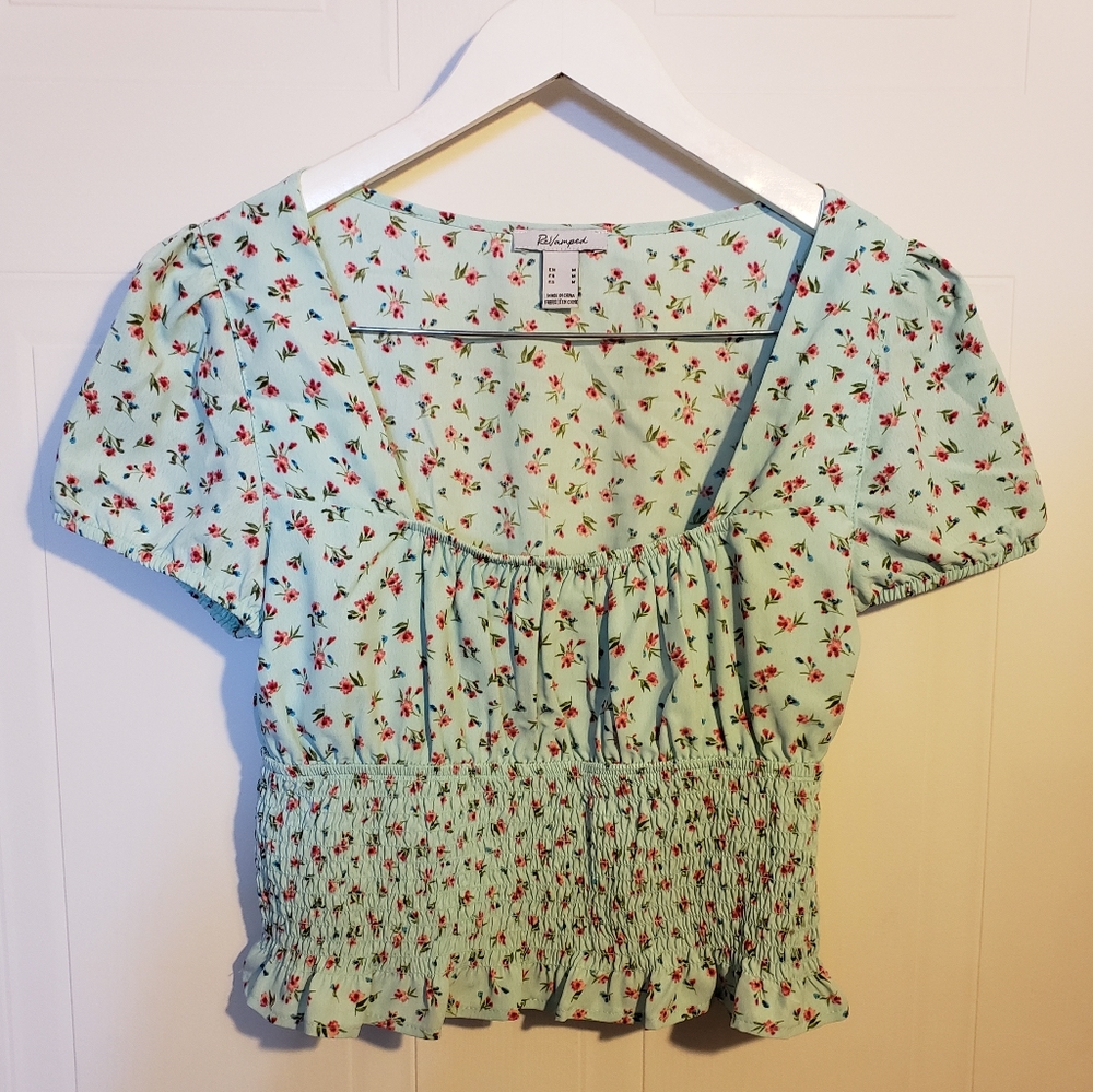 Revamped Seafoam Green Floral Top Elastic Waist Boho Frilly Woman Medium NWOT